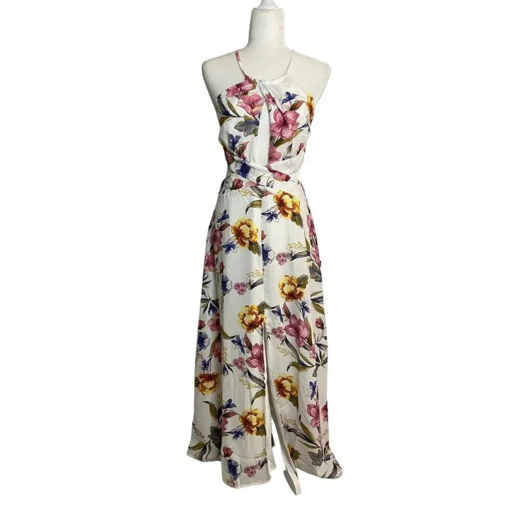 NWT Lulus Blossoming Hours Ivory Floral Keyhole Backless Halter Maxi Dress-sz Me - Picture 5 of 11